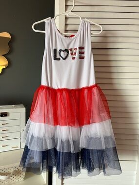 Little Lass White Red Navy "LOVE" Tiered Tulle Dress